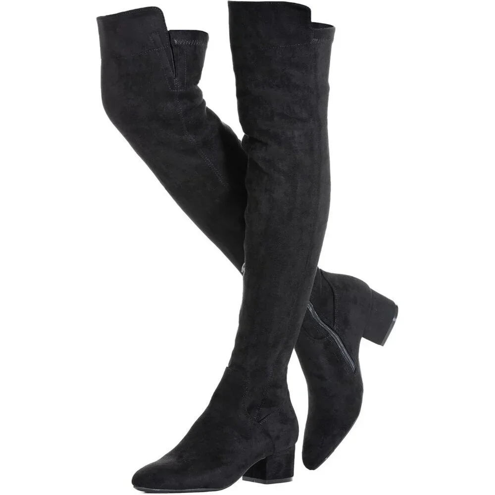 Women Black\2inch Suede Over the Knee Thigh High Chunky Block Heel Winter Boots